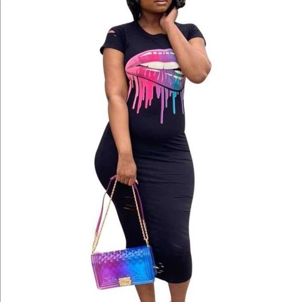 Leisure print black mid calf dress.